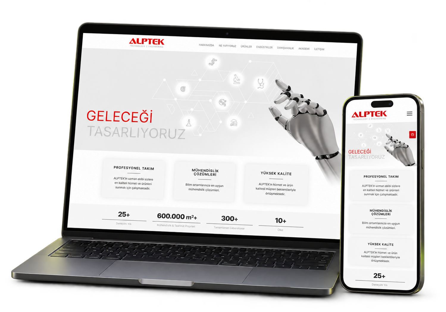 Novasta'nın Alptek Laboratuvar için tasarladığı web sitesinin laptop ve telefon üzerinde sunumu